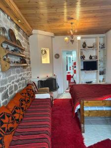 a living room with two couches and a fireplace at Chouliarades Tzoumerka in Chouliarades