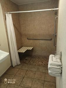 ein Bad mit einer Dusche, einem WC und einem Waschbecken in der Unterkunft Border Motel in Calexico