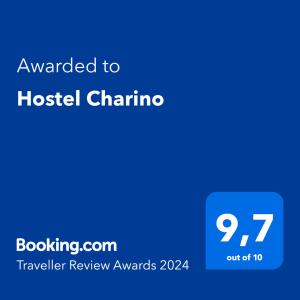 Ett certifikat, pris eller annat dokument som visas upp på Hostel Charino