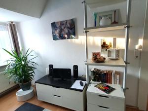 Zimmer mit einem Schreibtisch und einem Computer darauf in der Unterkunft Apartment am Südpark Erfurt in Erfurt
