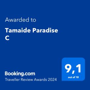 תעודה, פרס, שלט או מסמך אחר המוצג ב-Tamaide Paradise C