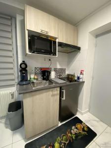 uma pequena cozinha com um lavatório e um micro-ondas em Charmant appartement design em Blois