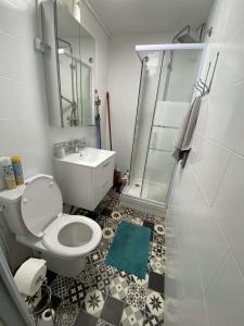 uma casa de banho com um WC, um lavatório e um chuveiro em Charmant appartement design em Blois