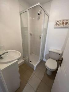een badkamer met een douche, een toilet en een wastafel bij Quayside City Escape - Liverpool in Liverpool