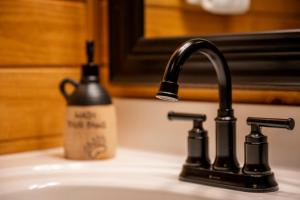 un lavandino in bagno con dispenser di sapone accanto a un lavandino di Laughing Bear Cabin 44B a Bryson City