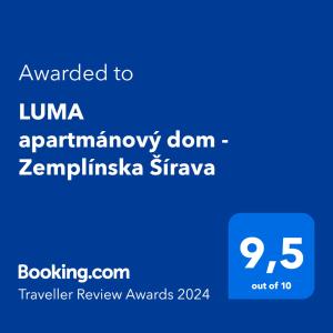 Certifikát, ocenenie alebo iný dokument vystavený v ubytovaní LUMA apartmánový dom - Zemplínska Šírava