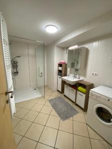 un bagno con doccia e lavatrice di Ferienwohnung Bindl a Ulrichsberg