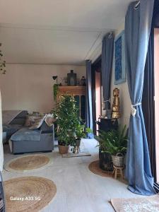uma sala de estar com um sofá e vasos de plantas em chambre appartement terrasse em Fréjus