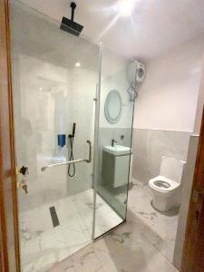 uma casa de banho com uma cabina de duche em vidro e um WC. em City View Apartments em Lekki