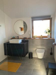 a bathroom with a sink and a toilet and a mirror at ökologisch Wohnen im Grünen in Marburg an der Lahn