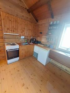 a kitchen with a stove and a sink in a cabin at Valen Cabins in Reine in Reine