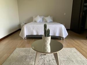 1 dormitorio con 1 cama y 1 mesa con cactus en Suite Llanogrande, en Rionegro