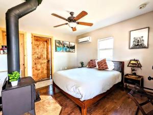 een slaapkamer met een bed en een plafondventilator bij #3 Howling Wolf's Lair - Cabin W/Fireplace & Views in Santa Ysabel