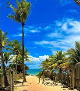 une plage avec des palmiers et l'océan dans l'établissement Recanto da Lua, à Corumbau