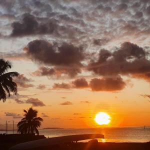 una puesta de sol en la playa con palmeras y el océano en New Mavida Lodge en Levuka
