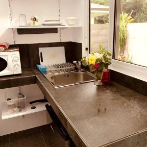 a kitchen with a sink and a counter top at Bungalow climatisé chez Kim in Taputapuapea