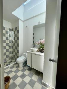 a bathroom with a sink and a toilet and a mirror at Modern loft, view-town-La Candelaria neighborhood in Bogotá +19 photos