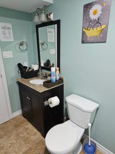 un bagno con un water, un lavandino e uno specchio di Amazing cozy fully private studio a London