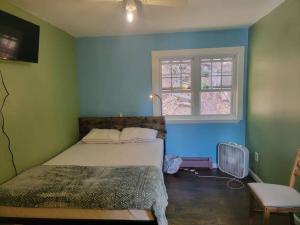 Rock Pad AirBnB في نيو هافن: غرفة نوم بسرير والجدران الزرقاء ونافذة