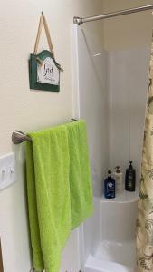 Un baño con una toalla verde en un toallero. en Majestic Retreat Studio, en Sturgis