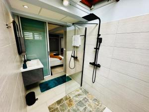 La salle de bains est pourvue d'une douche, d'un lavabo et d'un miroir. dans l'établissement Maison T3 Nid Bleu - Piscine Privée, au Marin