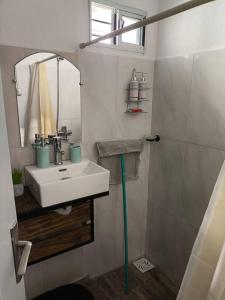 ein Bad mit einem Waschbecken und einem Spiegel in der Unterkunft Alojamiento Donatello in Durazno