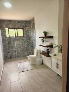 a bathroom with a shower with a toilet and a sink at Villa 1 in San José de Las Matas