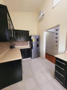 a kitchen with black cabinets and a stainless steel refrigerator at Villa 1 in San José de Las Matas