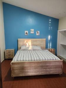 a bedroom with a large bed with a blue wall at Villa 1 in San José de Las Matas