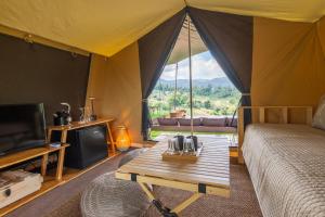 清邁的住宿－CAMP CAYLA - STELLAR，帐篷内带一张床和一张桌子的房间