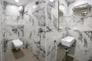 two pictures of a bathroom with a toilet and a sink at FabExpress Affari in Mumbai