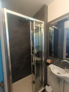 La salle de bains est pourvue d'une douche et d'un lavabo. dans l'établissement Le gîte du Vivier - Loches, à Loches