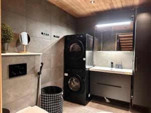 a bathroom with a washing machine next to a sink at Villa Premium Levi Cranberry A2 in Levi