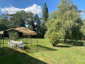 a table and chairs under a canopy in a field at Gîte la Casita in Bouhy +16 photos