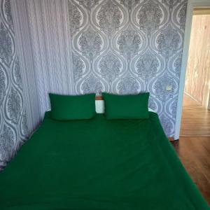 uma cama verde com duas almofadas verdes num quarto em ПРОСТОРНАЯ СОЛНЕЧНАЯ ДВУХКОМНАТНАЯ квартира em Khmelʼnytsʼkyy