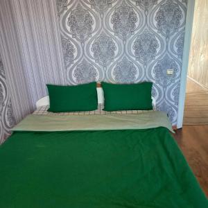 a green bed with two green pillows in a bedroom at ПРОСТОРНАЯ СОЛНЕЧНАЯ ДВУХКОМНАТНАЯ квартира in Khmelʼnytsʼkyy
