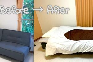 東京的住宿－bonart瀬田202，卧室两张照片,配有一张床和一把椅子