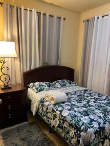 a bedroom with a bed and a lamp and curtains at 310 Del Valle Central, Freshly Remodeled 3 Bedroom Home Sleeps 8 in San Juan