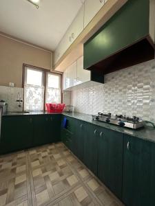 a kitchen with green cabinets and a counter top at Lilen's Homestay - Casa Verde in Kathmandu