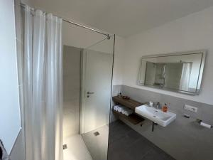 a bathroom with a shower and a sink and a mirror at Mountain Fairy Tale in Bad Kleinkirchheim