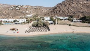 uma vista aérea de uma praia com pessoas nela em Agrari Ninemia Mykonos em Agrari