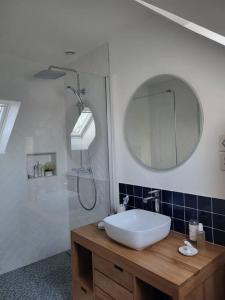 een badkamer met een wastafel en een douche met een spiegel bij Maison indépendante avec jardin, ville JO 2024 in Vaires-sur-Marne