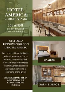 um panfleto para um hotel americano chicagoincinnatiincinnati am inn and farmacia em Hotel America em Trento