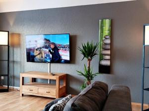 a living room with a couch and a flat screen tv at Abendsonne Obergeschoss mit Balkon in Koblenz
