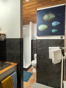 a bathroom with a painting of planets next to a toilet at 't ouw ateljeeke in Budel