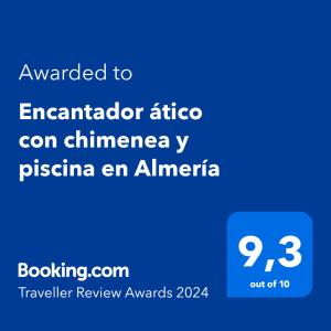 Certifikát, ocenenie alebo iný dokument vystavený v ubytovaní Encantador ático con chimenea y piscina en Almería
