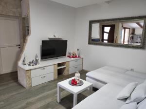 - un salon blanc avec une télévision et un canapé dans l'établissement Alba apartment with swimming pool, à Kanfanar