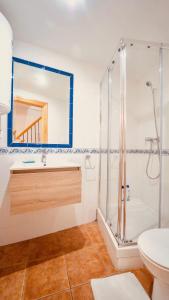 Un baño con ducha, lavabo e inodoro. en PRECIOSO DúPLEX PLAZA NUEVA, en Granada