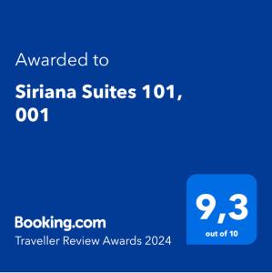 a screenshot of a phone screen with the text awarded to sirmania suites at Siriana Suites 101, 001 in Benalmádena