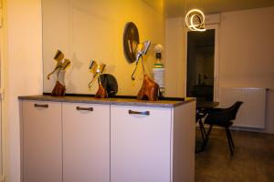 ein Zimmer mit einer Theke mit einigen Statuen darauf in der Unterkunft Skyview Luxury appartement à Montevrain in Montévrain